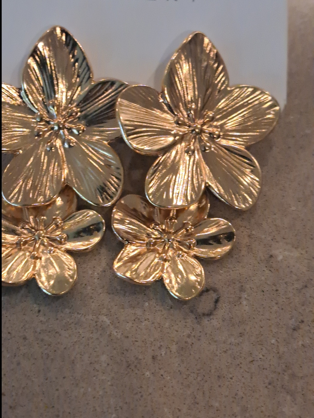 Gold Tone Floral Double Drop Earrings - - Picture 2 of 2